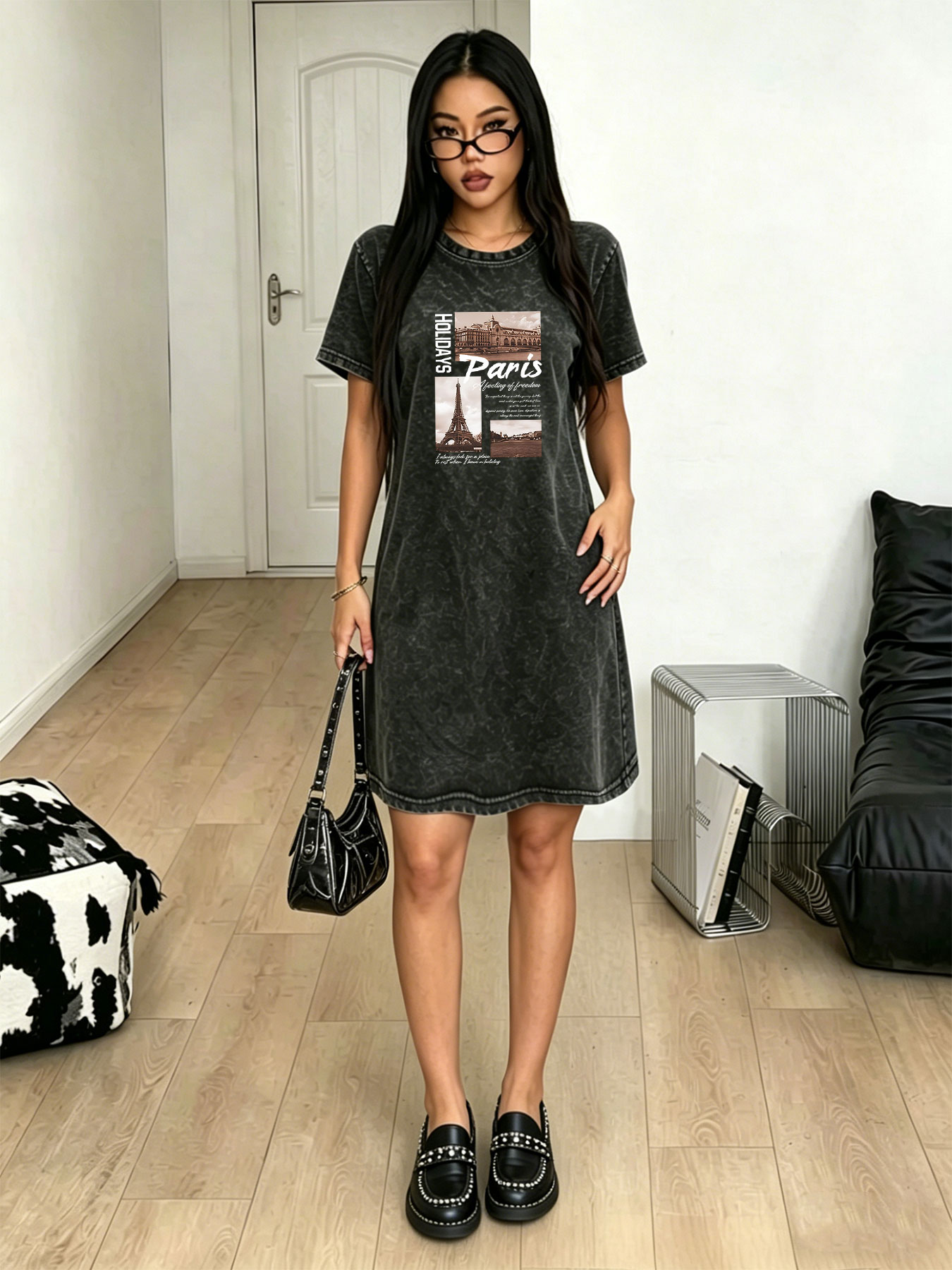 Streetwear Brand Paris - فستان تي شيرت نسائي بتصميم عتيق
